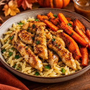Poulet érable et moutarde, carottes rôties et orzo
