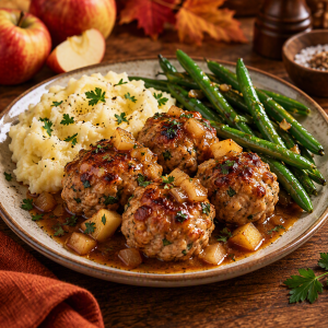 Boulettes de porc aux pommes, purée de pommes de terre et haricots verts