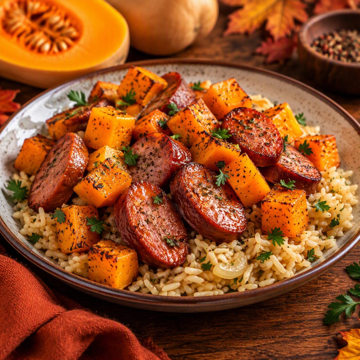Saucisses, courge butternut rôtie et riz pilaf