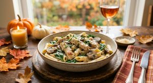 Poulet crémeux aux champignons, penne et épinards