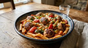 Boulettes de porc, sauce rosée et penne